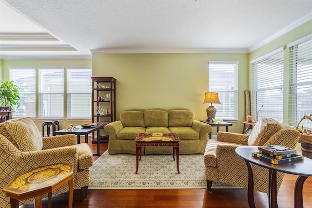 living room with ornamental molding, a textured ceiling, and hardwood / wood-style flooring