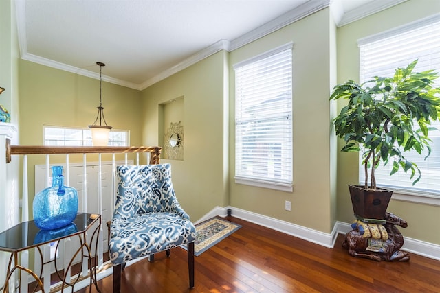 living area with ornamental molding, dark hardwood / wood-style floors, and a healthy amount of sunlight