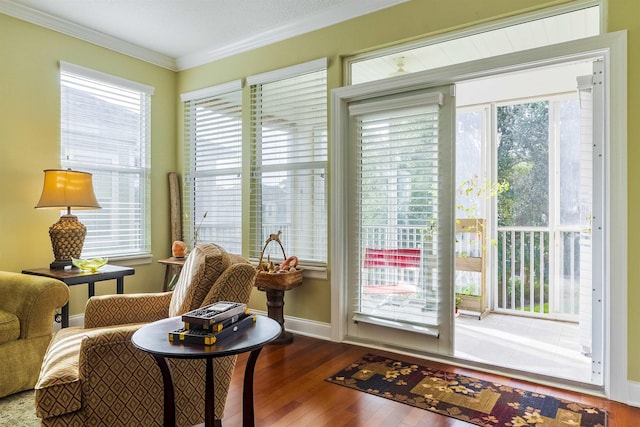 doorway featuring crown molding, a healthy amount of sunlight, and hardwood / wood-style flooring