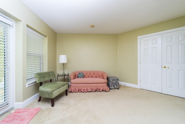 living area with light carpet