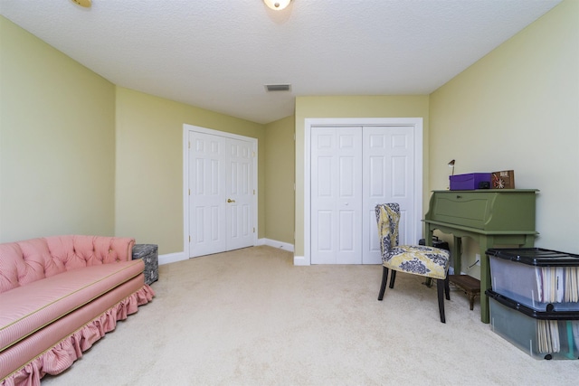 living area with carpet and a textured ceiling