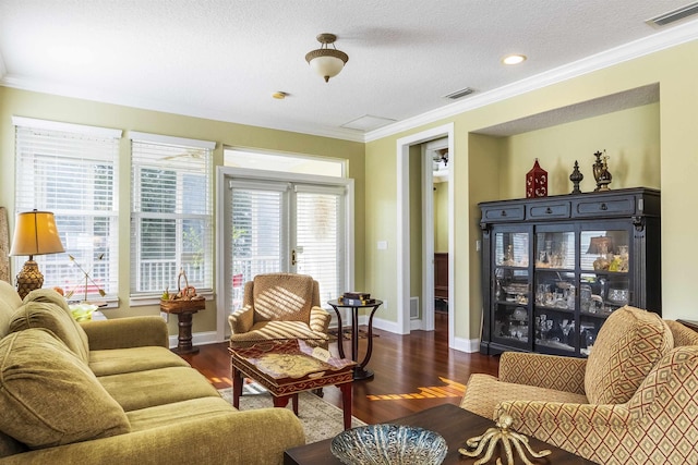 living room with a textured ceiling, a wealth of natural light, and crown molding