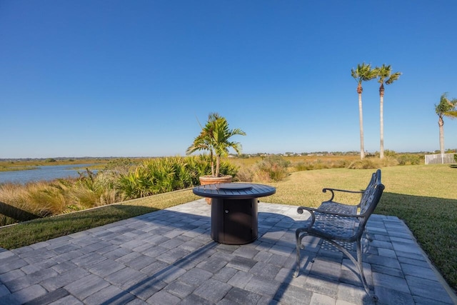 view of patio with a water view