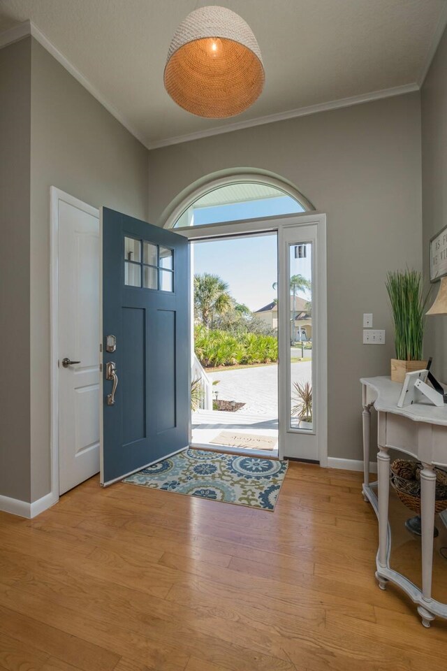 entrance foyer with crown molding and light hardwood / wood-style flooring