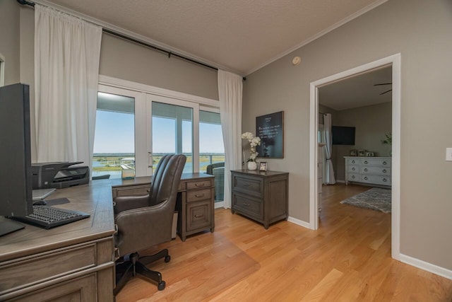 office featuring a textured ceiling, light hardwood / wood-style floors, lofted ceiling, and crown molding