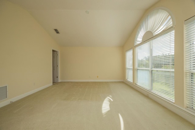 empty room with light carpet, vaulted ceiling, and a wealth of natural light