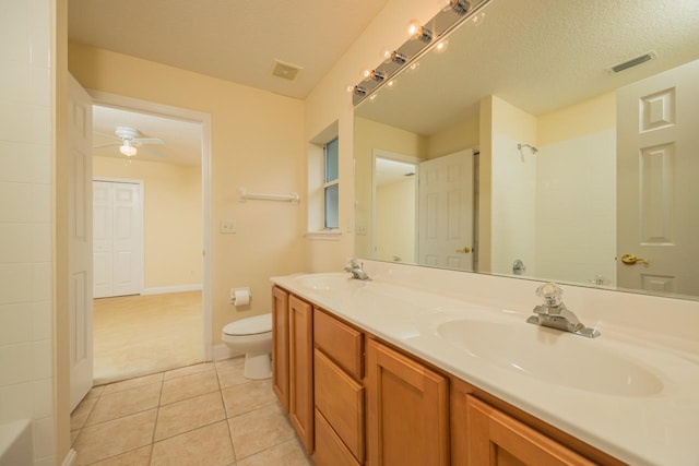 bathroom featuring vanity, tile patterned floors, ceiling fan, toilet, and a textured ceiling