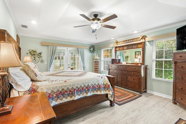 102 Saint Johns Blvd, East Palatka, FL 32131 - bedroom featuring ornamental molding, french doors, light wood-type flooring, recessed lighting, and ceiling fan