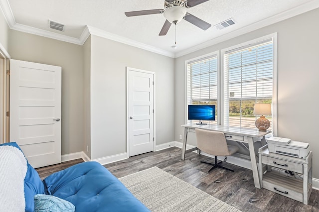 office space with a textured ceiling, crown molding, ceiling fan, and dark wood-type flooring