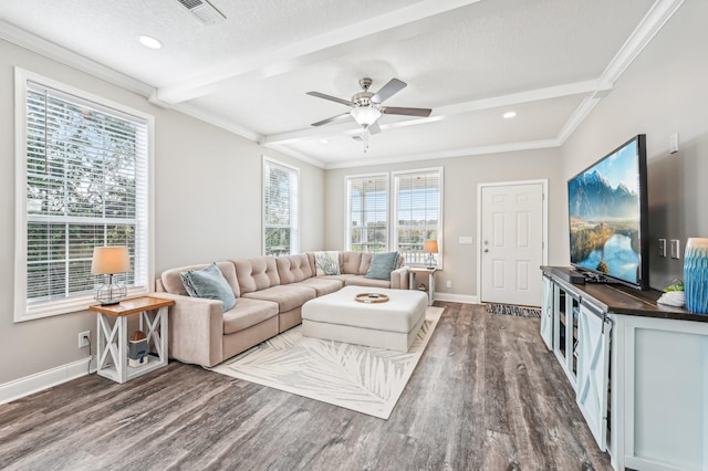 living room with beam ceiling, a textured ceiling, hardwood / wood-style flooring, and ceiling fan