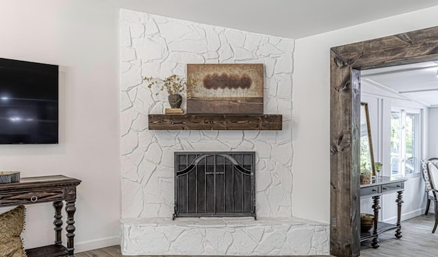 room details with wood-type flooring and a stone fireplace