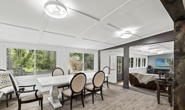 dining area with coffered ceiling and light hardwood / wood-style floors