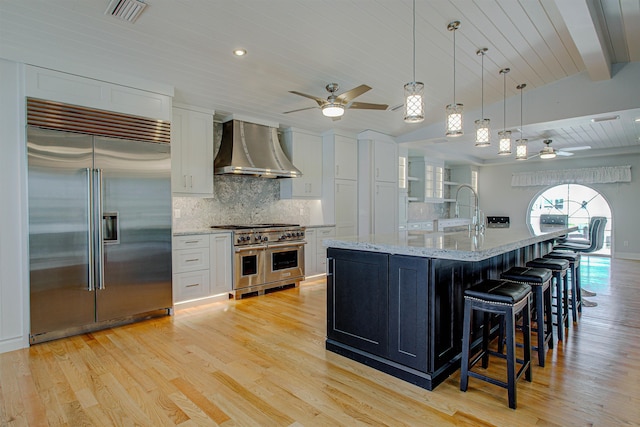 kitchen with white cabinetry, premium appliances, wall chimney exhaust hood, and a center island with sink