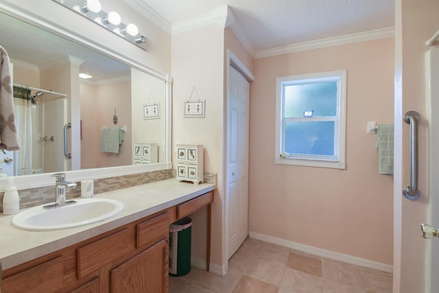 1711 Old Beach Rd, Saint Augustine, FL 32080 - bathroom featuring vanity, crown molding, backsplash, a shower, and tile patterned flooring
