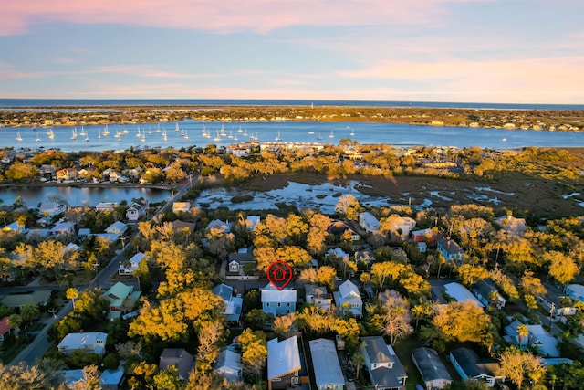 aerial view featuring a water view