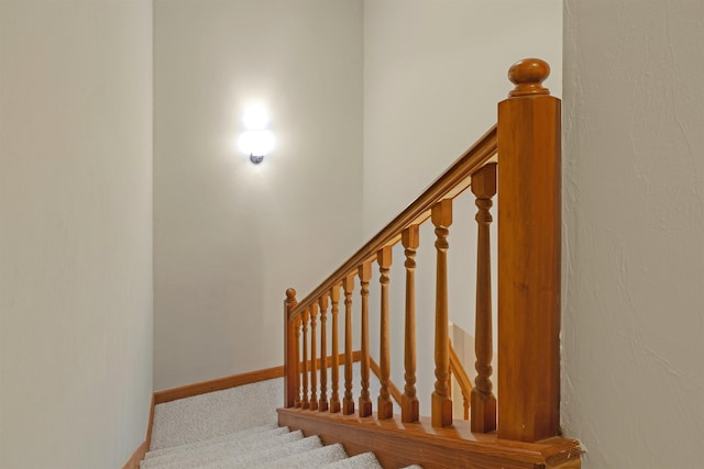 staircase featuring carpet