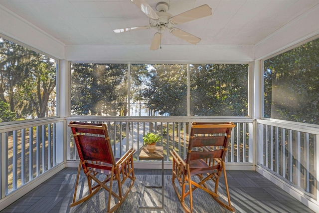 sunroom / solarium featuring ceiling fan