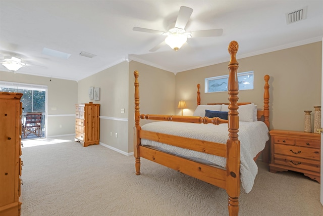 bedroom featuring ceiling fan, crown molding, and light carpet