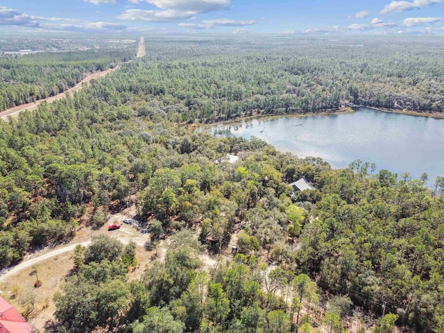 bird's eye view with a water view and a forest view