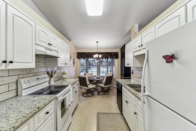 kitchen featuring decorative light fixtures, white cabinets, light stone countertops, white appliances, and under cabinet range hood