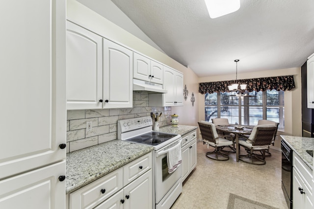 kitchen featuring tasteful backsplash, white cabinets, hanging light fixtures, white electric range, and under cabinet range hood