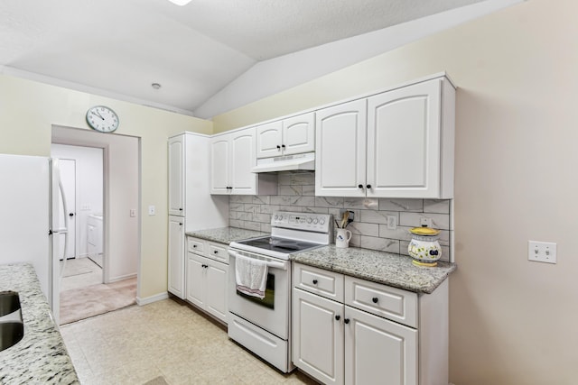 kitchen with white appliances, white cabinetry, under cabinet range hood, and light stone countertops