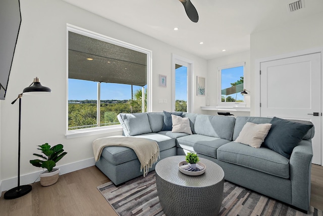 living room with a wealth of natural light, ceiling fan, and hardwood / wood-style flooring