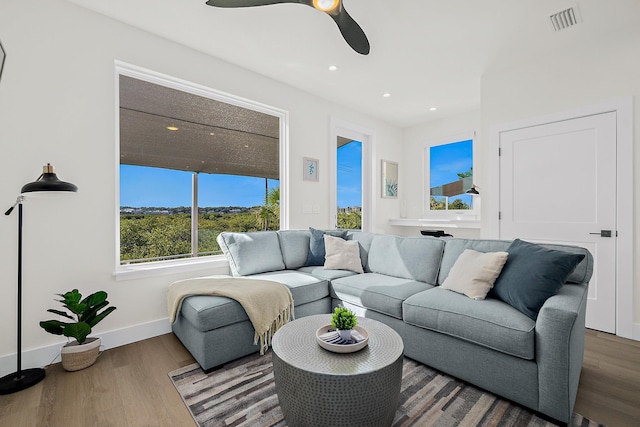 living room featuring ceiling fan and hardwood / wood-style floors