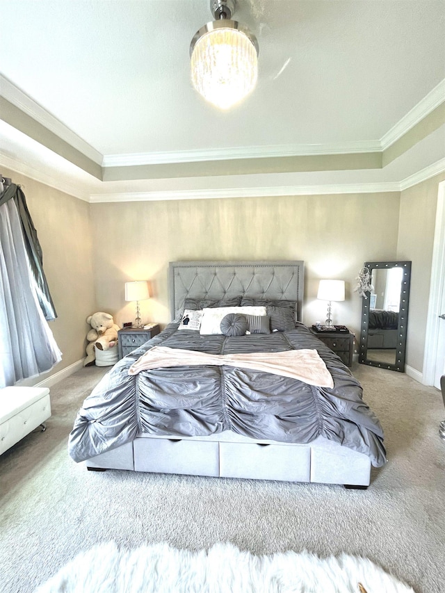 bedroom with carpet and crown molding