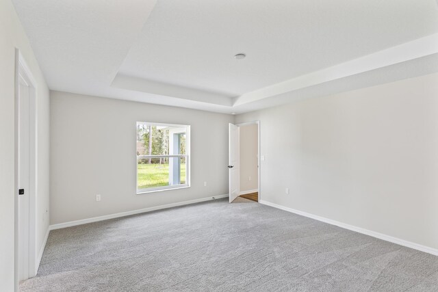 empty room with a tray ceiling and light colored carpet