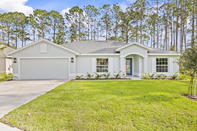 ranch-style home featuring a front lawn and a garage