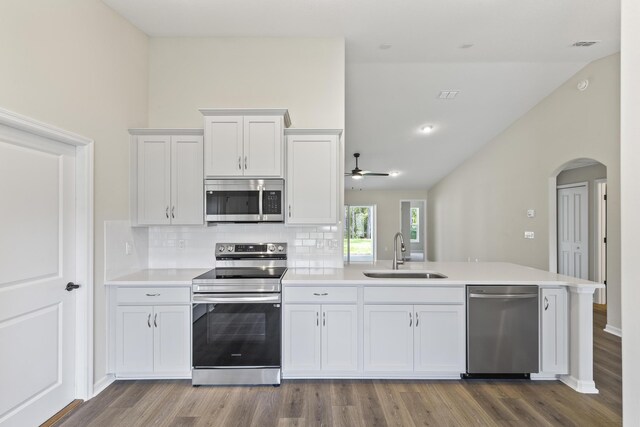 kitchen featuring white cabinetry, sink, stainless steel appliances, tasteful backsplash, and hardwood / wood-style flooring