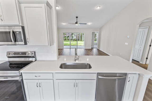 kitchen featuring white cabinets, sink, dark hardwood / wood-style floors, ceiling fan, and appliances with stainless steel finishes