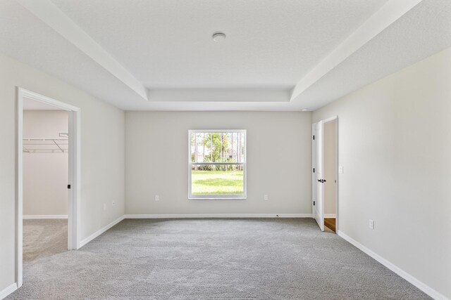 carpeted empty room featuring a raised ceiling