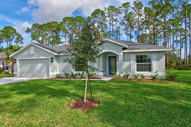 ranch-style house with a front yard and a garage