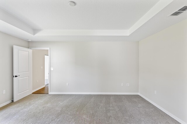 empty room featuring a raised ceiling and carpet floors