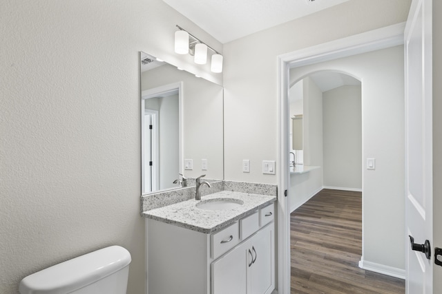 bathroom featuring hardwood / wood-style flooring, vanity, and toilet