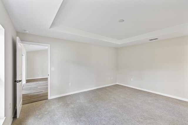 carpeted spare room featuring a raised ceiling