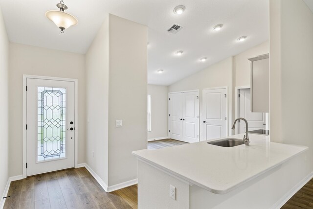 entryway with hardwood / wood-style flooring, vaulted ceiling, and sink