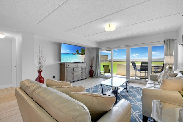 living area featuring a textured ceiling, baseboards, and wood finished floors