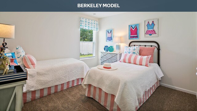 bedroom with dark colored carpet