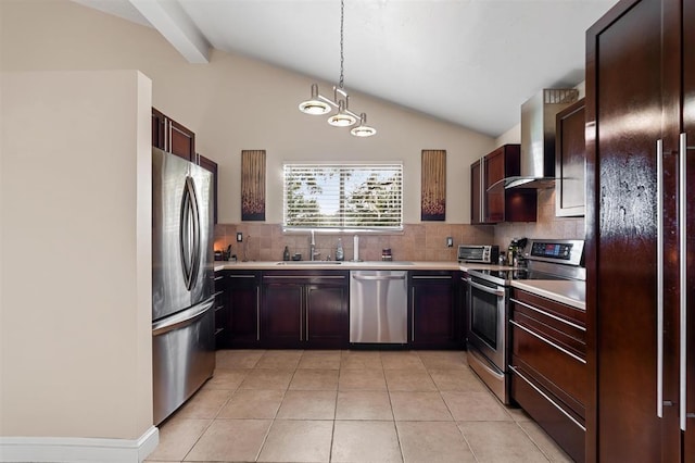 100 Saturn Rd, Saint Augustine, FL 32086 - kitchen featuring appliances with stainless steel finishes, wall chimney exhaust hood, tasteful backsplash, light countertops, and light tile patterned floors