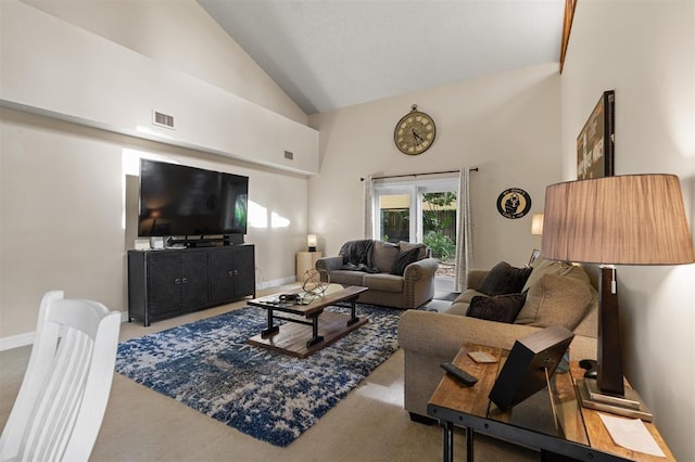 100 Saturn Rd, Saint Augustine, FL 32086 - living room featuring carpet floors and high vaulted ceiling