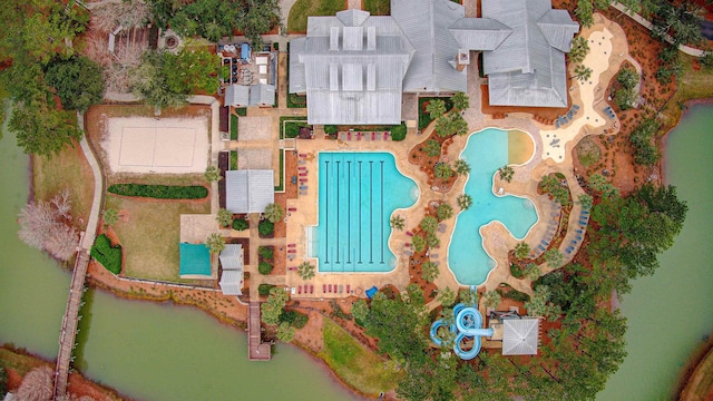 birds eye view of property featuring a water view