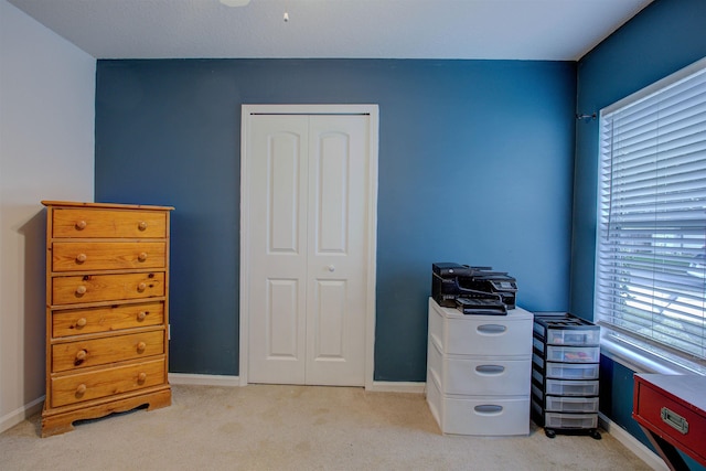 interior space with light carpet and a closet