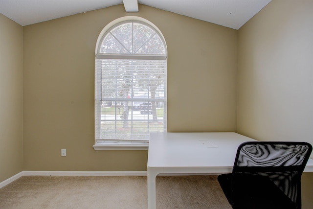 office space featuring vaulted ceiling with beams and carpet floors