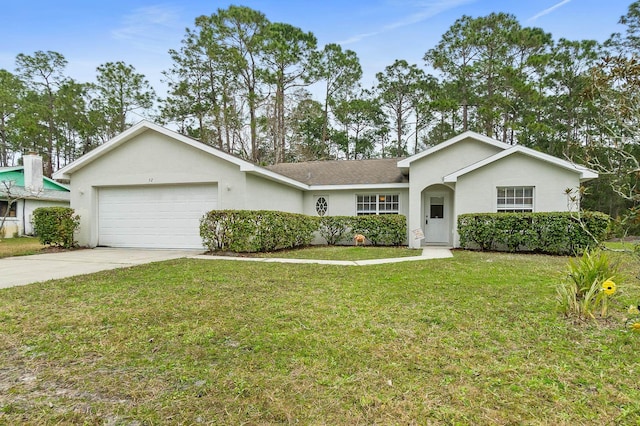 ranch-style home with a garage and a front yard