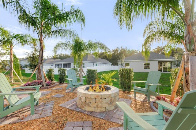 view of patio / terrace with a fire pit