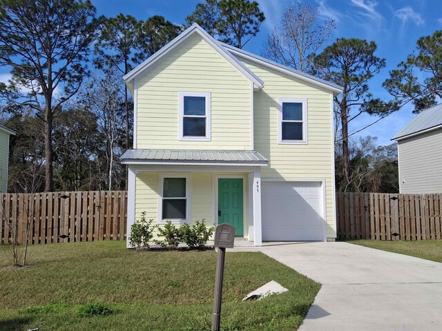 view of front facade featuring a porch, central AC unit, a front lawn, and a garage