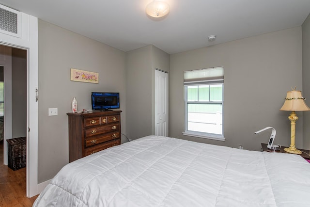 bedroom with wood-type flooring and a closet